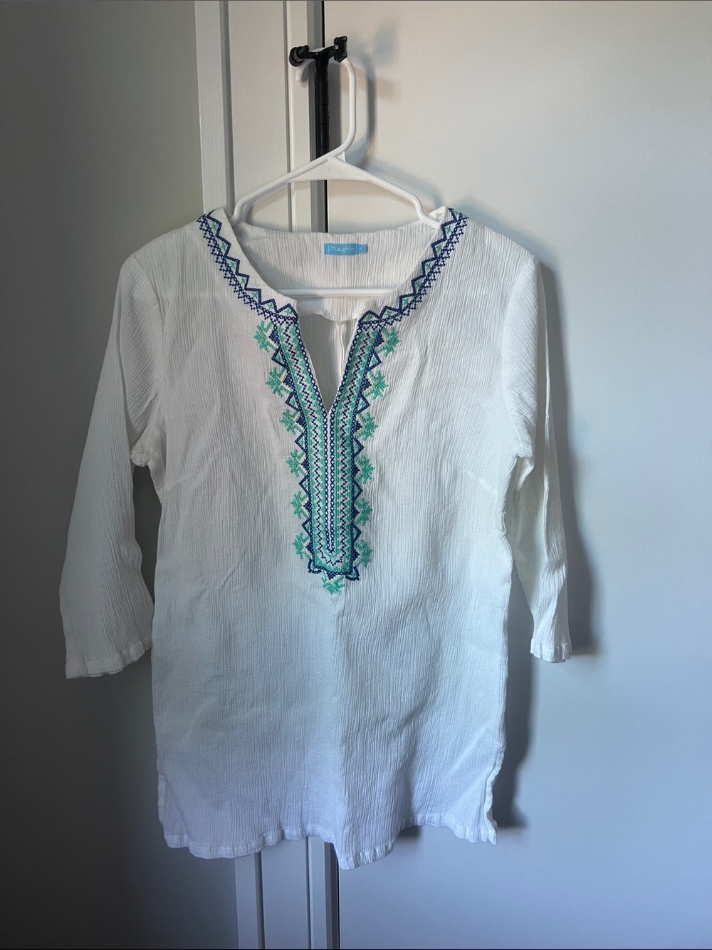 J. McLaughlin White Tunic with Blue & Green Embroidery